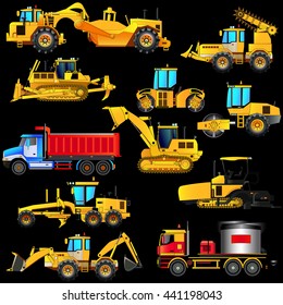 Detailed seamless texture background with road construction equipment. Digger, road rollers, loaders, bulldozer, tractor, scraper, grader, asphalt paver, mixer. Vector illustration, isolated on black