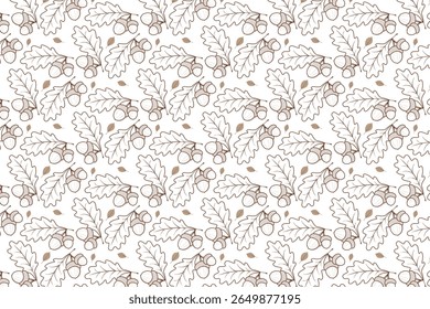 Detailed seamless vector pattern featuring oak leaves and acorns. The repetitive design showcases intricately drawn foliage and nuts, perfect for textile, wallpaper, or background applications.
