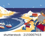 Detailed seascape with small fishing village, boats and the sea in the background. Handmade drawing vector illustration.