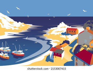 Detailed seascape with small fishing village, boats and the sea in the background. Handmade drawing vector illustration.