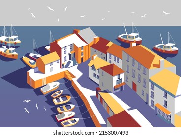 Detailed seascape with small fishing village, boats and the sea in the background. Handmade drawing vector illustration.