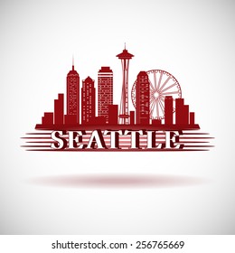Detailed Seattle city skyline design. Red vector silhouette. USA. 
