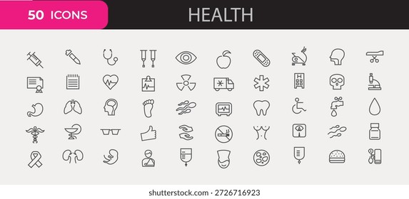 Conjunto detalhado de 50 ícones médicos de linha fina que abrangem anatomia, instrumentos, serviços hospitalares e símbolos de saúde.