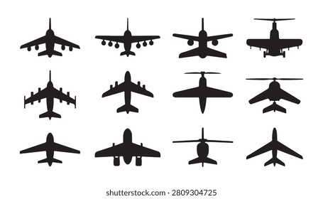 Detailed set of airplane silhouettes viewed from above including jet engines and propeller styles vector.
