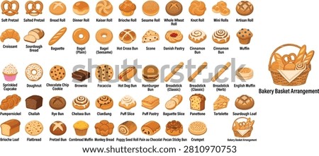 A detailed set of bakery items and bread varieties including rolls, pastries, and cookies arranged for a culinary collection.