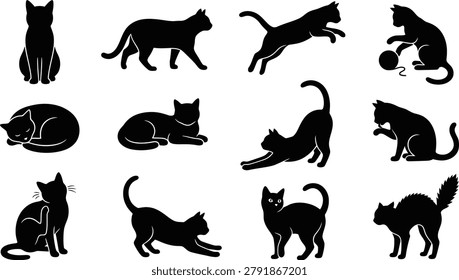 Detailed set of black cat silhouettes in different postures like sitting playing scratching and sleeping on grid surface.