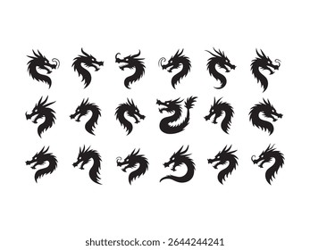 A detailed set of black dragon head silhouettes is presented, ideal for a variety of design and creative projects