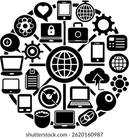 A detailed set of black silhouette vector icons representing web, communication, multimedia, technology, user interface, and business elements. The icons are minimalist, high contrast, and arranged in