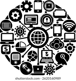 A detailed set of black silhouette vector icons representing web, communication, multimedia, technology, user interface, and business elements. The icons are minimalist, high contrast, and arranged in