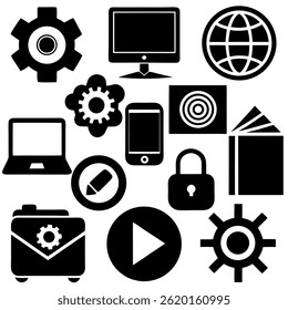 A detailed set of black silhouette vector icons representing web, communication, multimedia, technology, user interface, and business elements. The icons are minimalist, high contrast, and arranged in