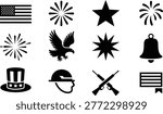A detailed set of black silhouettes including rifles helmet eagle and stars perfect for American themed design projects