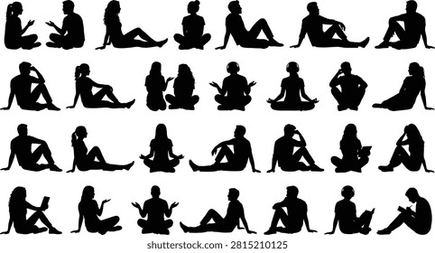 A detailed set of black silhouettes showcasing men and women sitting on the floor in various poses, including meditating, reading, conversing, and relaxing. Perfect for architectural entourage, wellness designs, infographics, and lifestyle graphic projects.