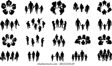 A detailed set of black silhouettes viewed from above showing families, walking pedestrians, business teams standing in circles, and sitting groups. Excellent for architectural top view renderings, master plans, floor plans, and urban graphic design projects.