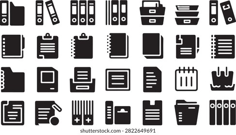 Detailed set of black vector office icons depicting folders documents binders and various administrative supplies