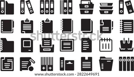 Detailed set of black vector office icons depicting folders documents binders and various administrative supplies