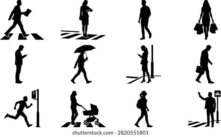 A detailed set of black vector silhouettes showcasing pedestrians at crosswalks, including commuters, shoppers, parents pushing strollers, and people waiting for transport. Ideal for urban planning visualizations, traffic safety campaigns, architectural renderings, and city lifestyle graphics.