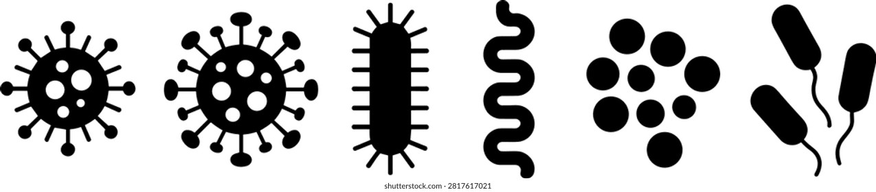 A detailed set of black virus, bacteria, and germ icons displaying various scientific shapes like bacilli, cocci, spirillum, and coronavirus structures. Ideal for medical illustrations, healthcare infographics, microbiology education, and hygiene product design.
