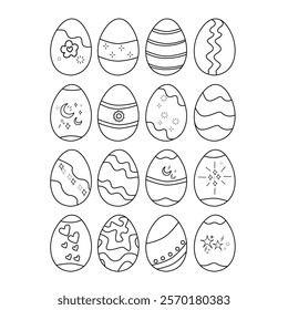 A detailed set of black-and-white Easter eggs with intricate patterns and outlines. The designs include stripes, dots, swirls, stars, and hearts, combining simplicity and elegance.