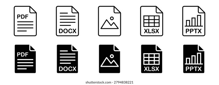 Detailed set of computer file type icons representing common formats like pdf document word processing image picture spreadsheet and presentation slides rendered in both thin line art and solid black glyph styles for organized digital storage software interface.