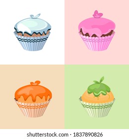 Detailed set with different birthday cakes and muffins