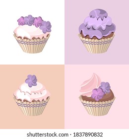 Detailed set with different birthday cakes and muffins