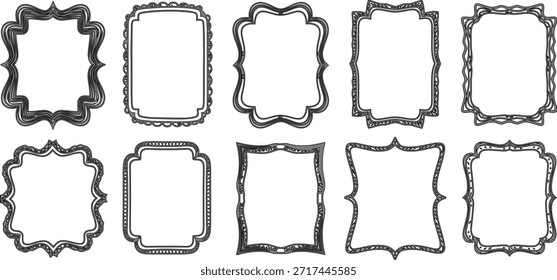 Conjunto detalhado de molduras de imagem elegantes vazias com bordas onduladas em preto e branco, isoladas em fundo branco, apresentando desenhos clássicos e sofisticados