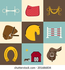 Detailed set of equestrian icons. Modern flat horseriding icons, including saddle, bit, snaffle bit, stable with a fence, horse, horseshoe and an obstacle.