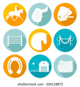 Detailed set of equestrian icons. Modern flat horseriding icons, including saddle, bit, snaffle bit, stable with a fence, horse, horseshoe and an obstacle.