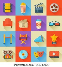 A detailed set of flat style cinema icons for web and design with movie symbols, 3D glasses, film reel, popcorn, tickets, web media