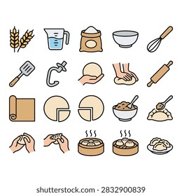 A detailed set of flat vector dumpling and baking preparation icons, featuring wheat stalks, measuring jugs, flour sacks, mixing bowls, whisks, spatulas, dough balls, rolling pins, dumpling wrappers, and steamed dumplings in bamboo baskets.