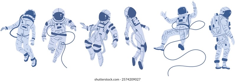 Detailed Set of Floating Astronauts in Space - Minimalist Artwork Showcasing Space Exploration, Adventure, and the Wonders of the Universe