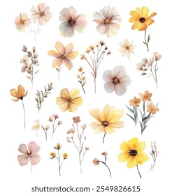 Um conjunto detalhado de flores silvestres de aquarela pintadas à mão, com tons de pastel macios em tons amarelos, laranja e neutros, isolados em branco.
