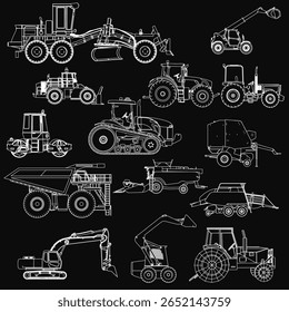 Um conjunto detalhado de tratores industriais, bulldozers e caminhões basculantes em um fundo preto, cada um com designs exclusivos e cores vibrantes. O contraste Stark destaca suas características mecânicas. Vista lateral