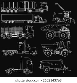 Um conjunto detalhado de caminhões industriais, incluindo um caminhão basculante e trailer, apresentado em um fundo preto. Cada veículo apresenta designs exclusivos com contornos brancos nítidos para alto contraste. Vista lateral