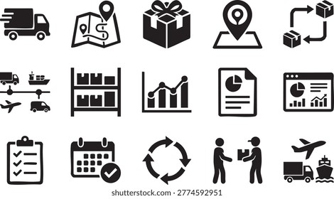 Detailed set of logistics and supply chain icons covering shipping transport warehouse management and global trade.