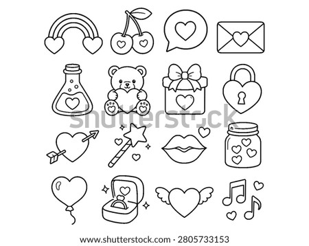 Detailed set of love icons. Includes heart balloon gift box jar of hearts and engagement ring in line art style.