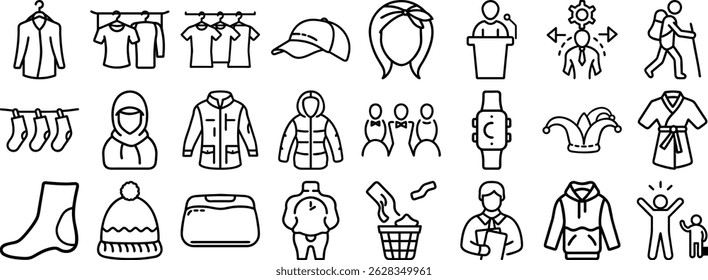 A detailed set of minimalist black and white outlined icon illustrations representing diverse objects and lifestyle themes