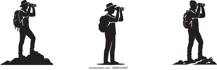 A detailed set of minimalist vector silhouettes featuring hikers with backpacks looking through binoculars. This design captures the spirit of adventure, discovery, exploration, and outdoor observation. Perfect for travel websites, tourism marketing, adventure gear brands, outdoor activity blogs, and nature-inspired creative design projects.