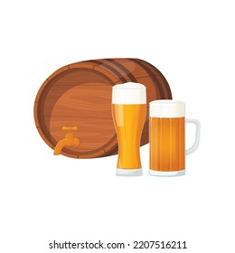 Detailed set with pint of beer and ale and wooden barrel for Oktoberfest poster, banner, flyer. Isolated realistic vector illustration concept