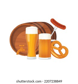 Detailed set with pint of beer, pretzel, barrel and grilled sausage for Oktoberfest poster, banner, flyer. Isolated realistic vector illustration