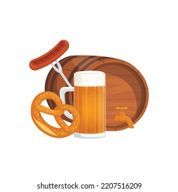 Detailed set with pint of beer, pretzel, barrel and grilled sausage for Oktoberfest poster, banner, flyer. Isolated realistic vector illustration
