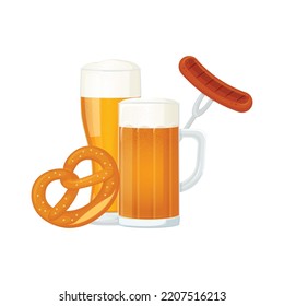 Detailed set with pint of beer, pretzel  and grilled sausage for Oktoberfest poster, banner, flyer. Isolated realistic vector illustration