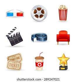 A detailed set of realistic cinema icons for web and design with movie symbols, 3D glasses, film reel, popcorn, tickets