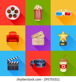 A detailed set of realistic cinema icons for web and design with movie symbols, 3D glasses, film reel, popcorn, tickets