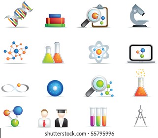 detailed set of scientific research icons and items on white background