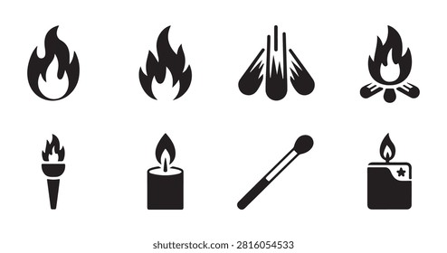 Detailed set showcasing blaze variations bonfire campfire wax candle matchstick and burning torch assets.
