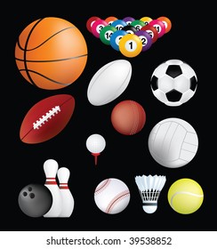 detailed set of sports ball on black background