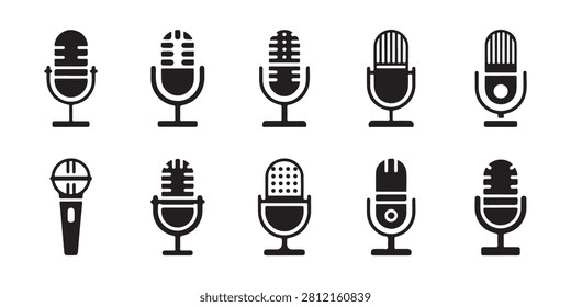 Detailed set of studio and handheld recording microphones representing sound production and broadcasting gear.