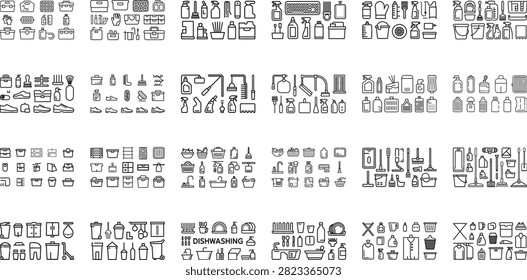 A detailed set of thinline icons depicting household items such as cleaning products kitchen utensils bathroom essentials and storage containers on a transparent background