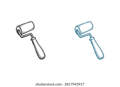 A detailed set of two hand drawn paint roller illustrations featuring a classic black outline and a blue shaded version for home improvement and renovation projects